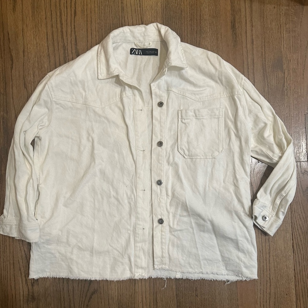 Zara White Shacket-Fringe Detail-Size Medium